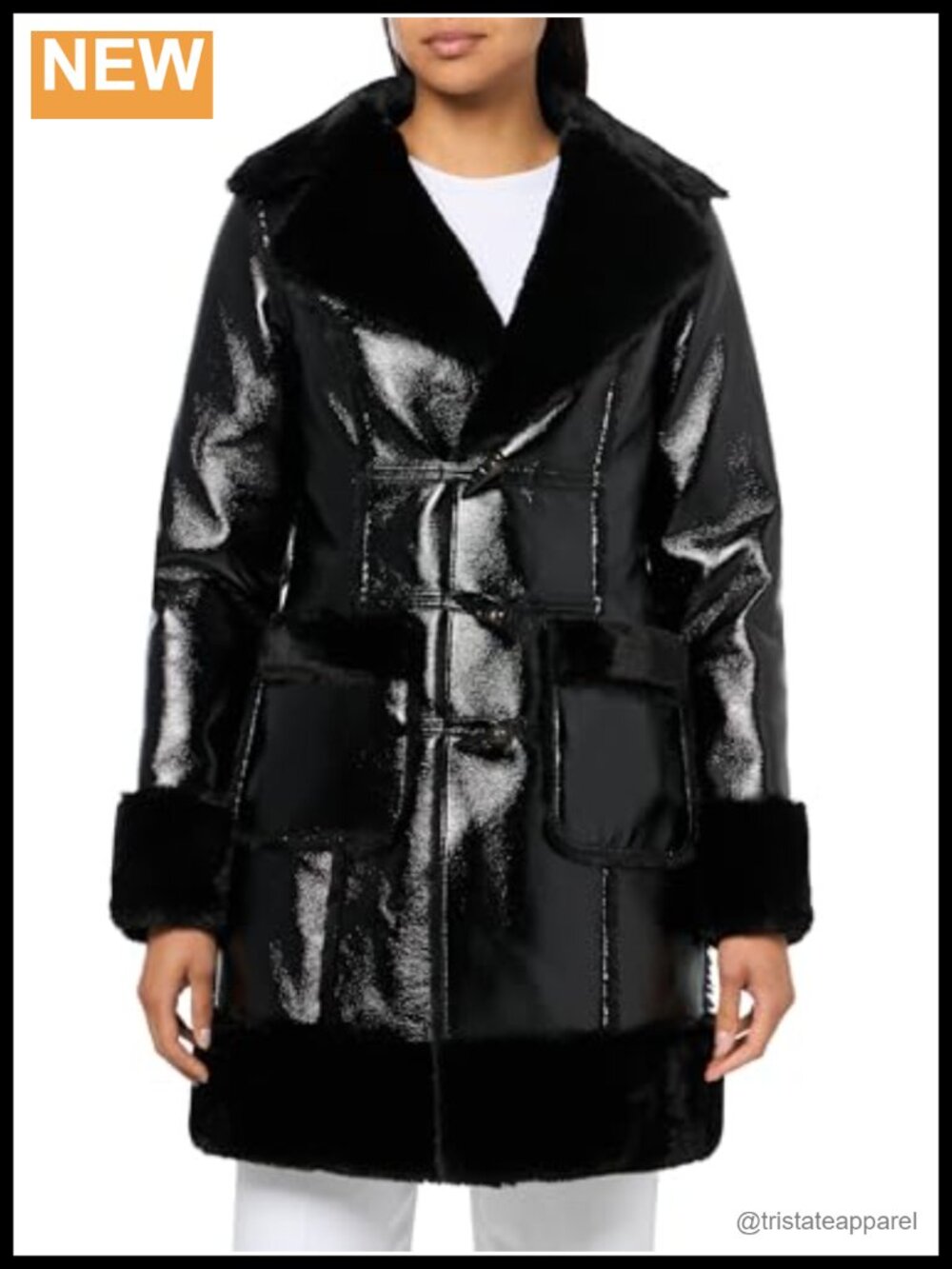 Faux Leather Coat with Faux Fur Trim Toggle Buttons Long